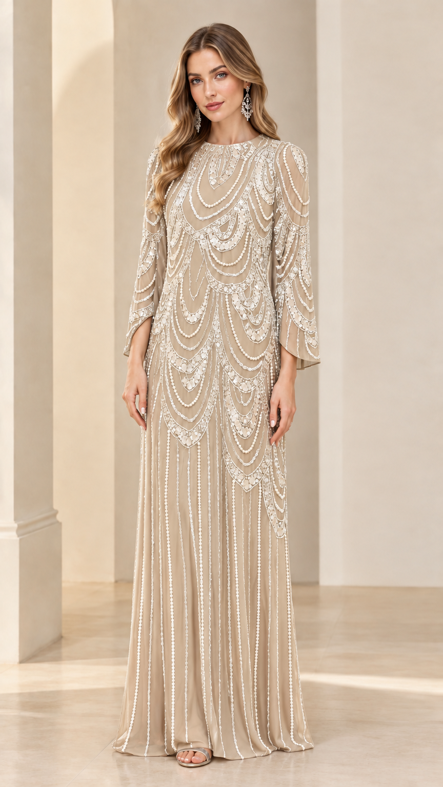 Front full-length view of champagne beige beaded scalloped formal maxi dress
