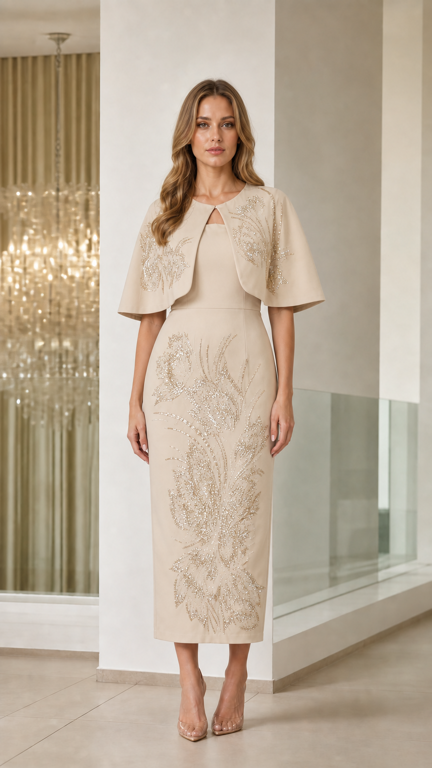 Champagne beige sequined capelet sheath formal dress