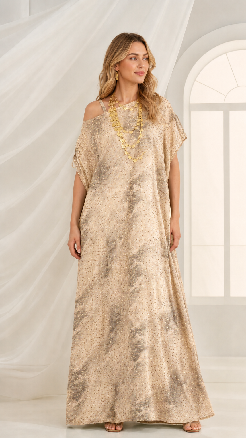 Champagne beige embellished kaftan maxi dress with one-shoulder strap