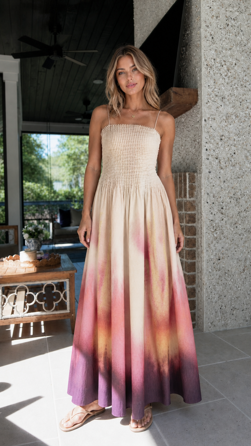 Model wearing beige gradient tie-dye maxi dress