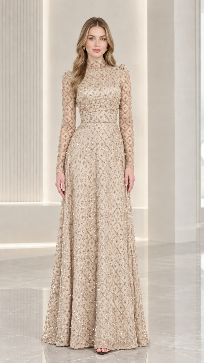 Front view of model wearing champagne gold high neck beaded long sleeve gown