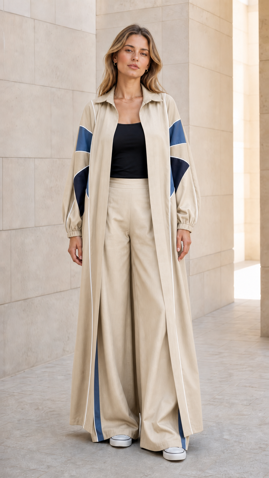 Beige colorblock maxi duster and wide leg trousers set