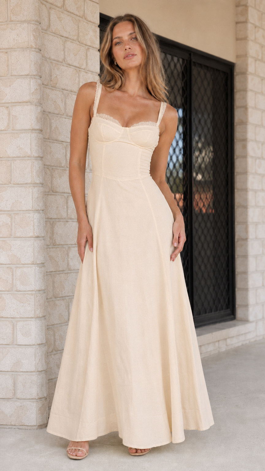Woman wearing champagne neutral corset maxi dress
