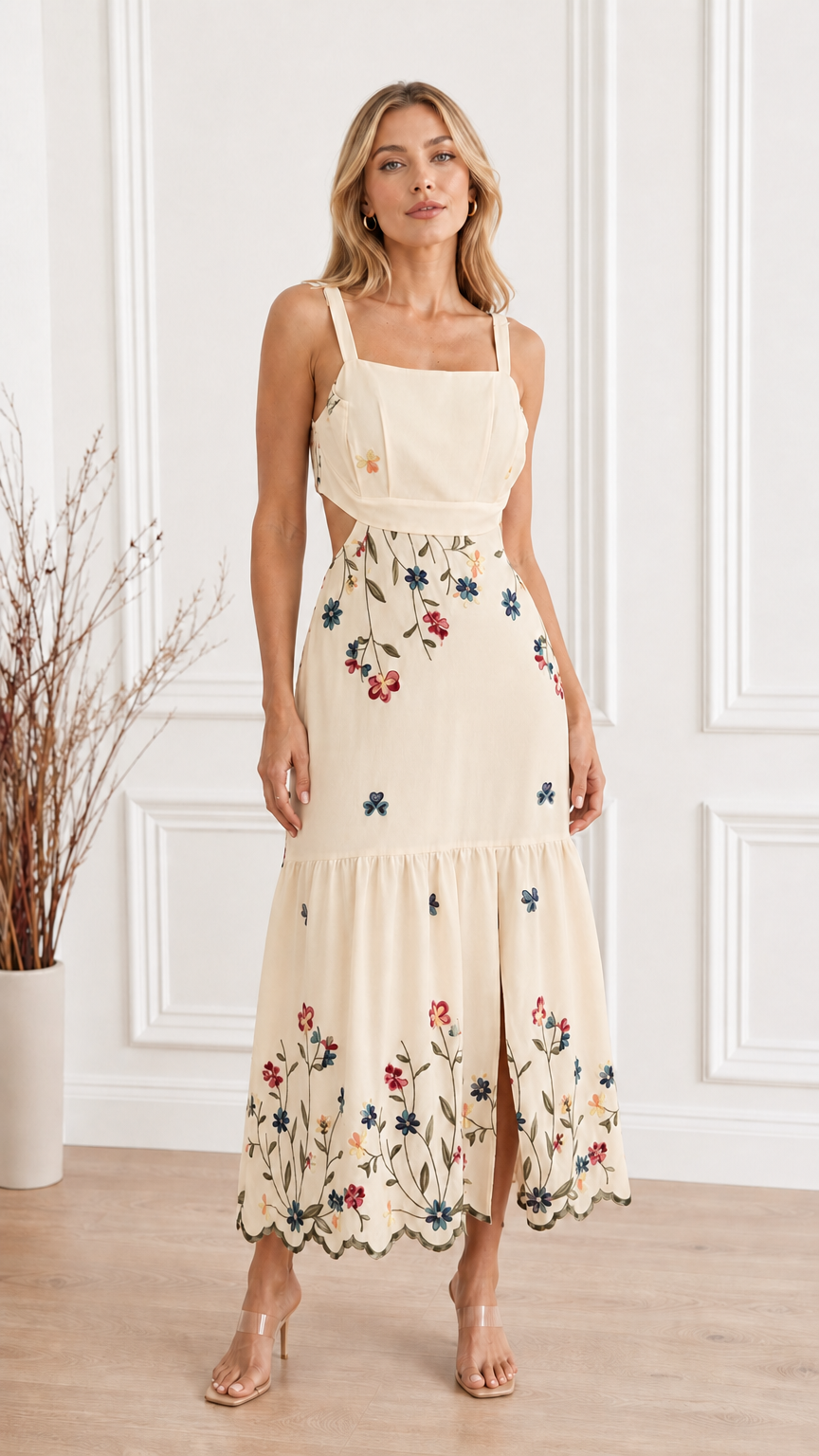 Front view of Cream Floral Embroidered Cutout Square Neck Maxi Dress
