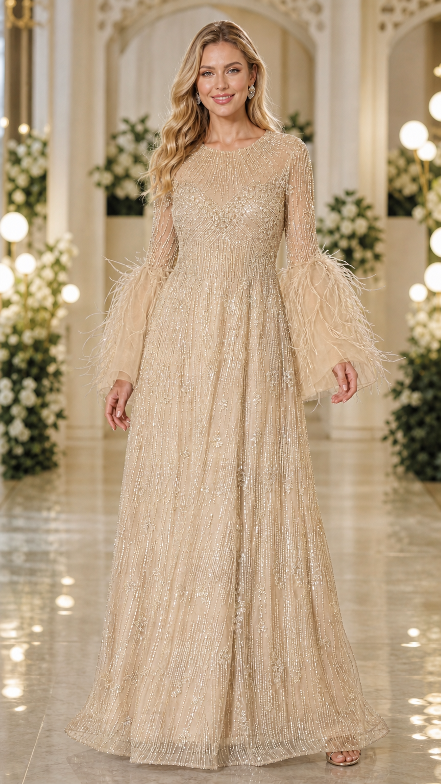 Champagne gold floor-length beaded evening gown with feathered sleeve cuffs