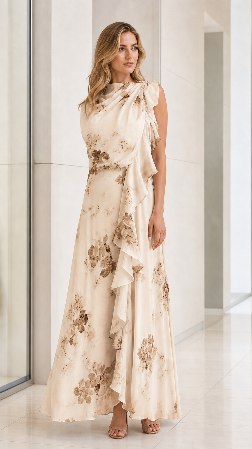 Front view of model in Champagne floral ruffled maxi dress
