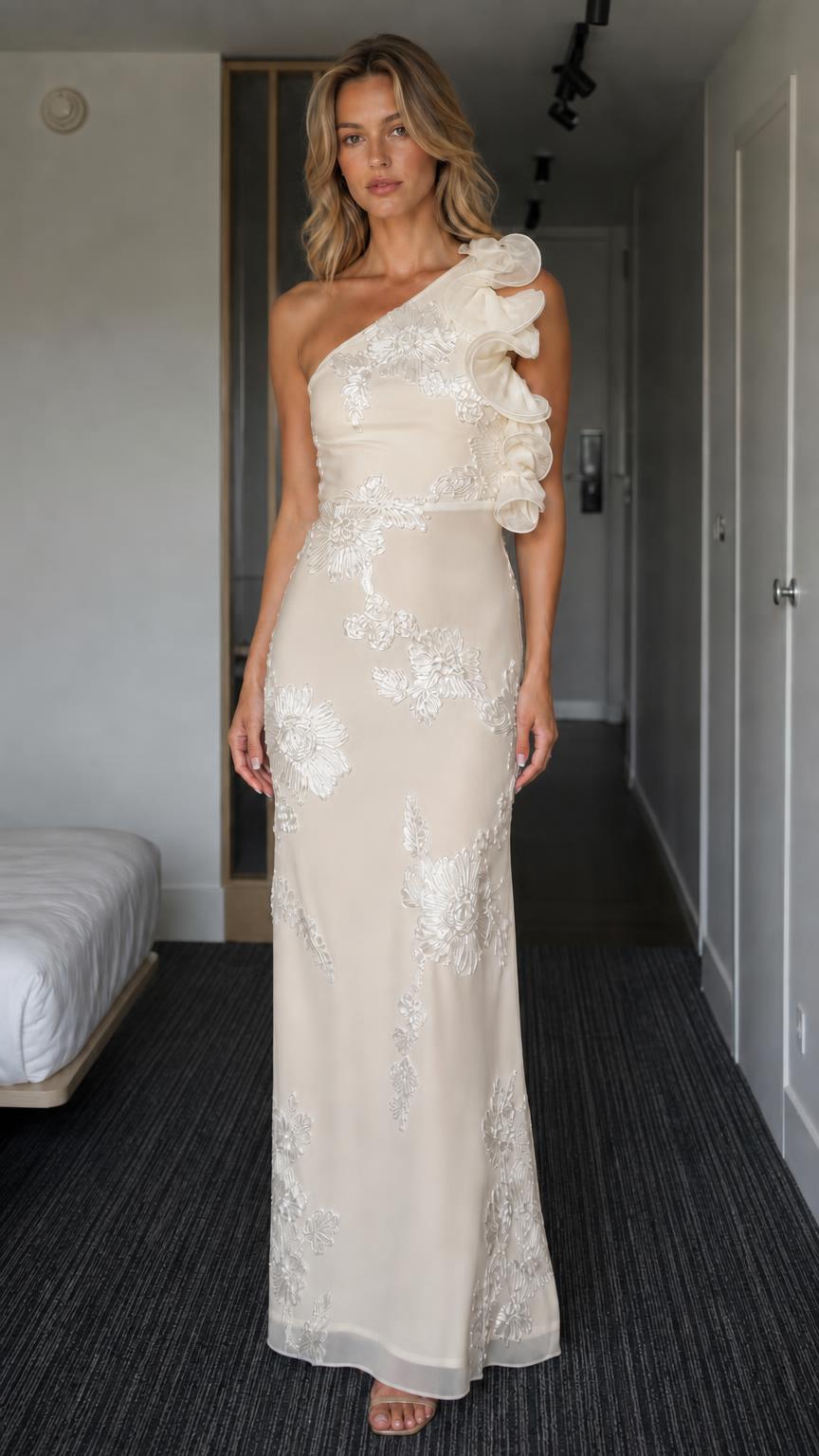 Front view of champagne one-shoulder gown