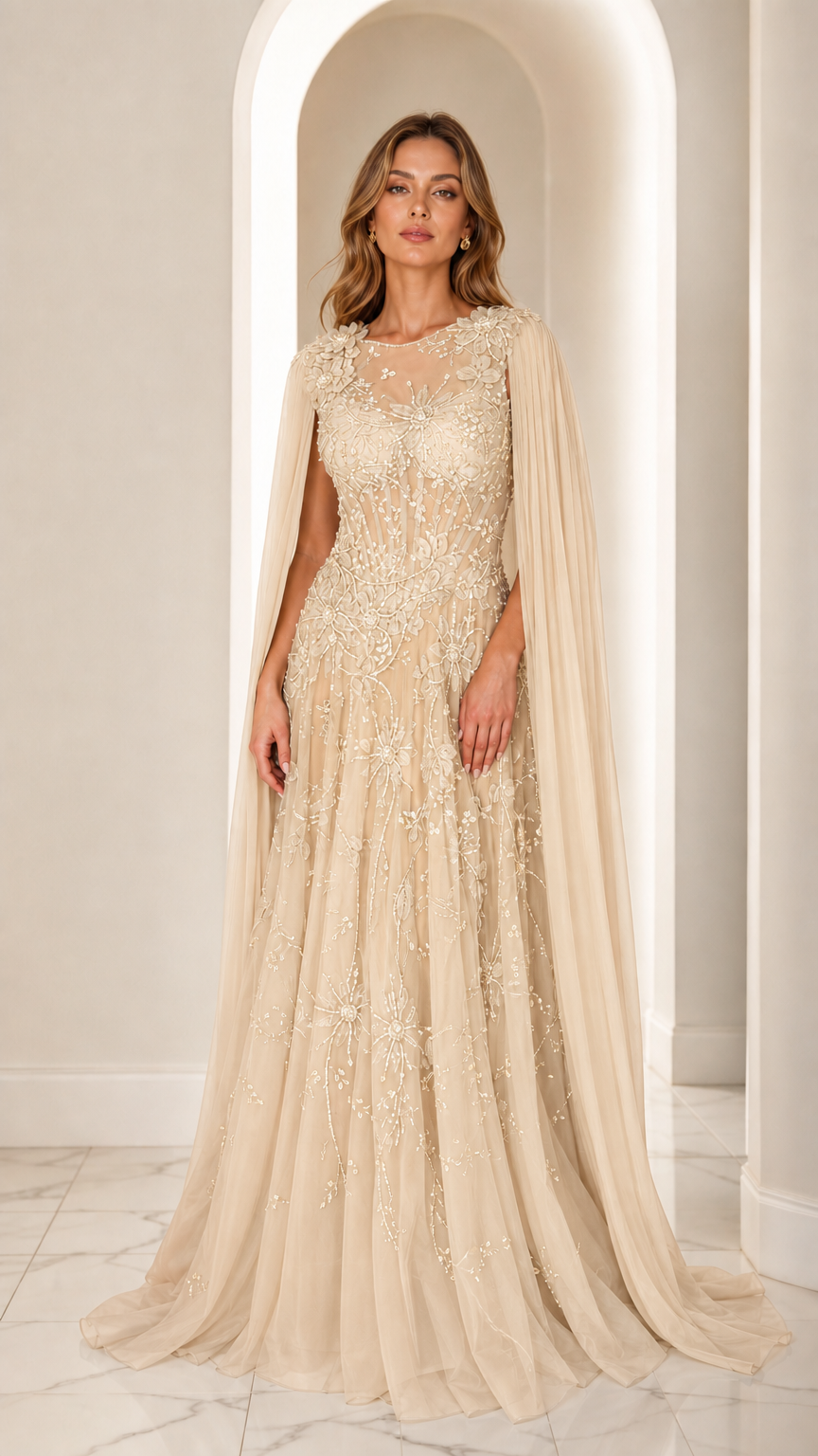 Champagne gold beaded floor-length evening dress with cape