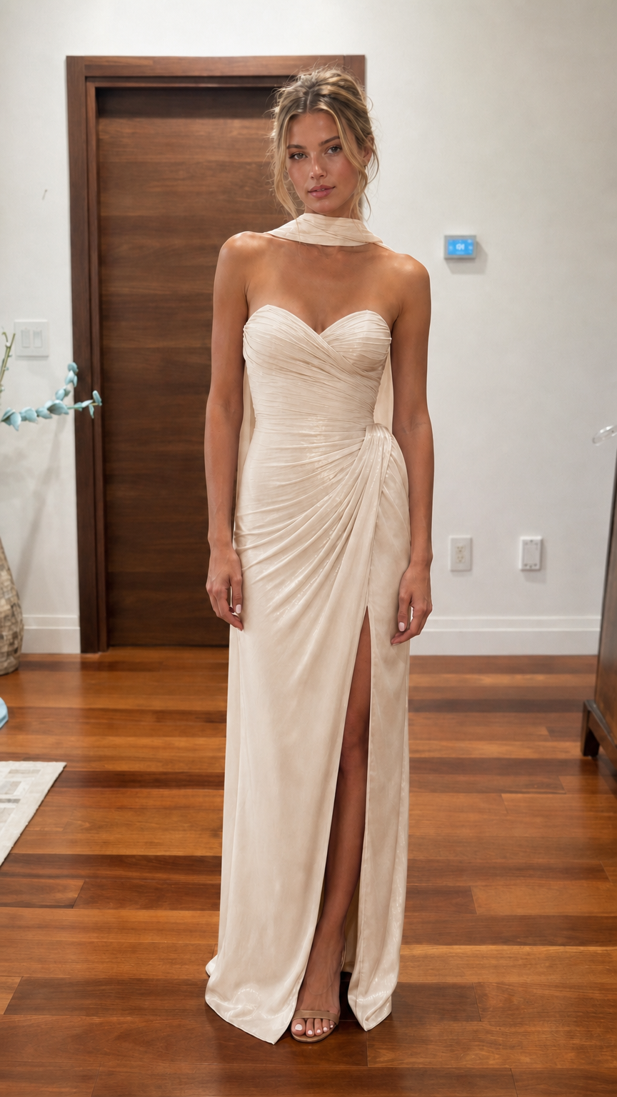 Ivory ruched halter maxi dress with front slit
