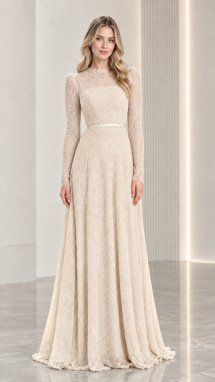 Full-length champagne beige long sleeve floor-length evening dress