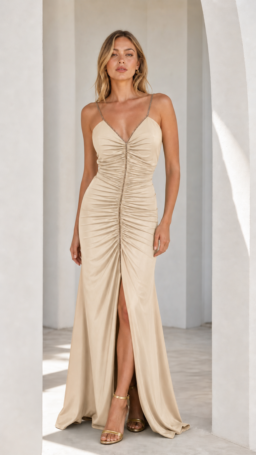 Beige Ruched Rhinestone Strap Maxi Dress