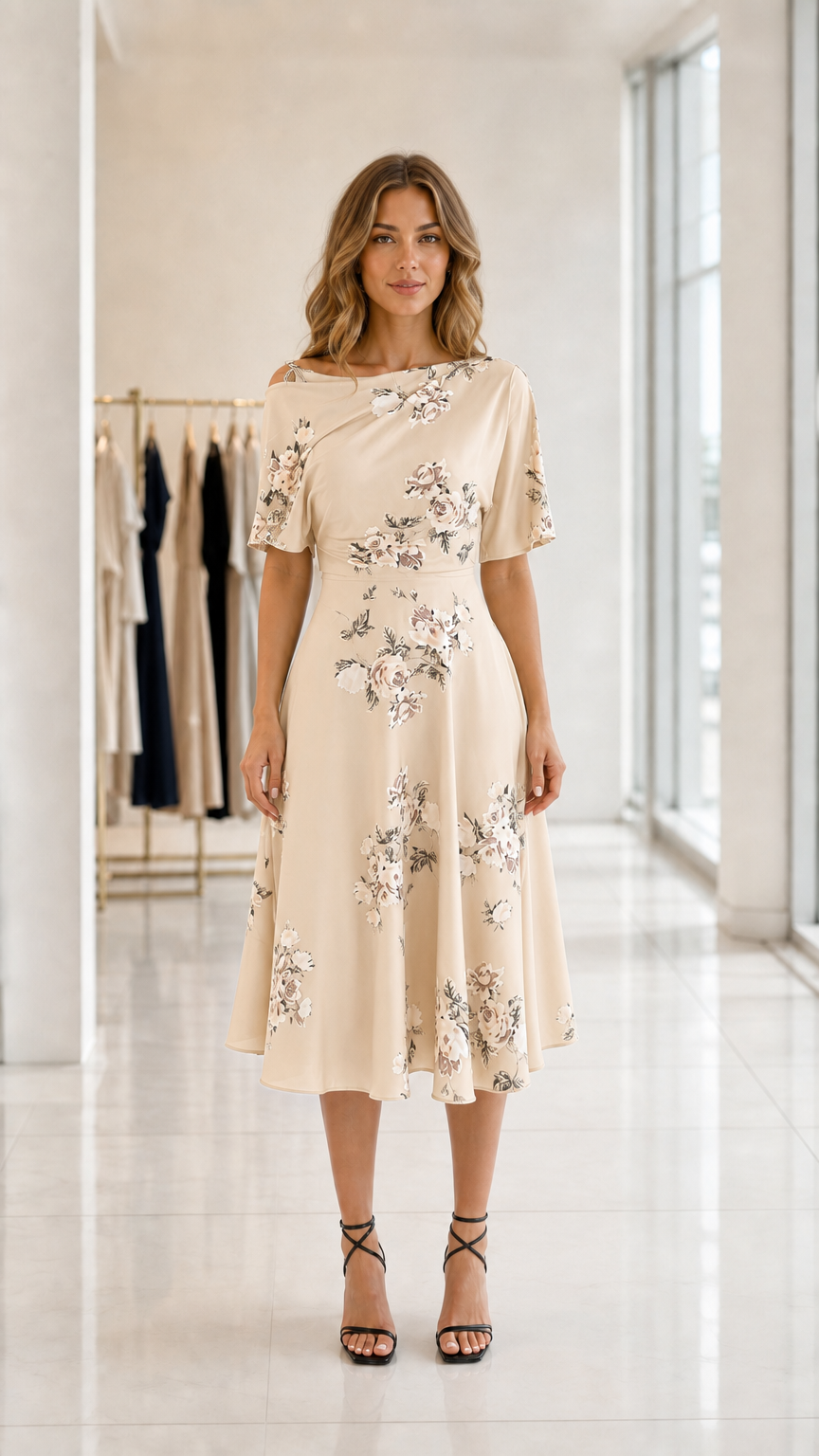 Front view of model wearing cream floral asymmetrical draped midi dress