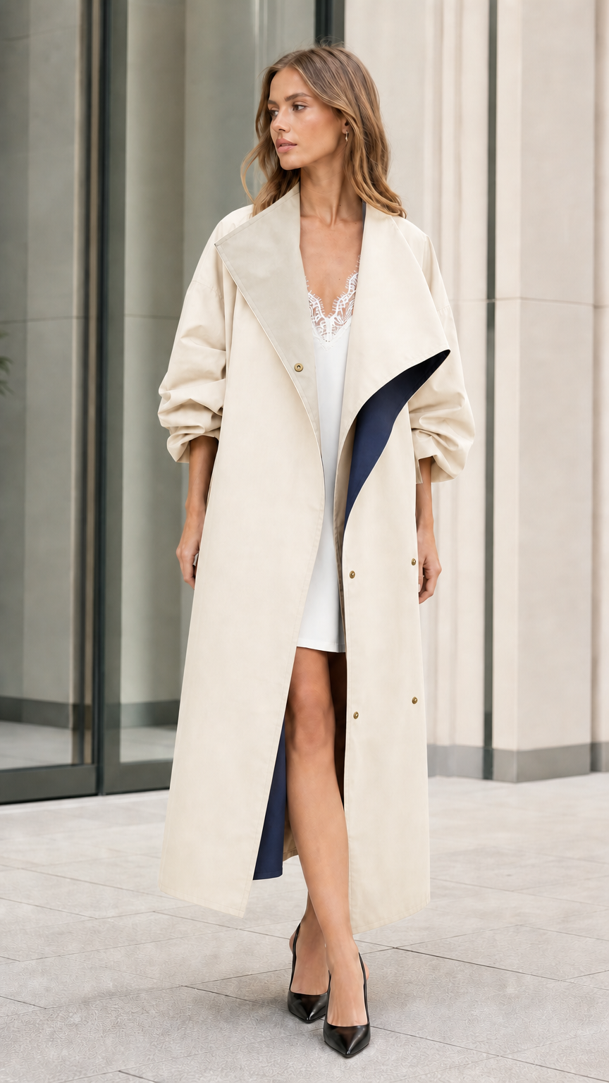 Model wearing cream off-white long duster coat with navy contrast accents