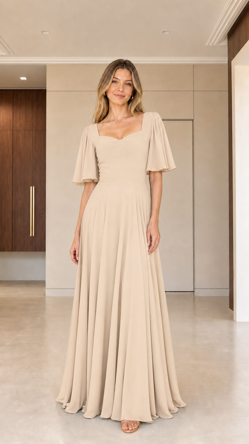 Woman wearing champagne beige sweetheart flutter sleeve maxi gown