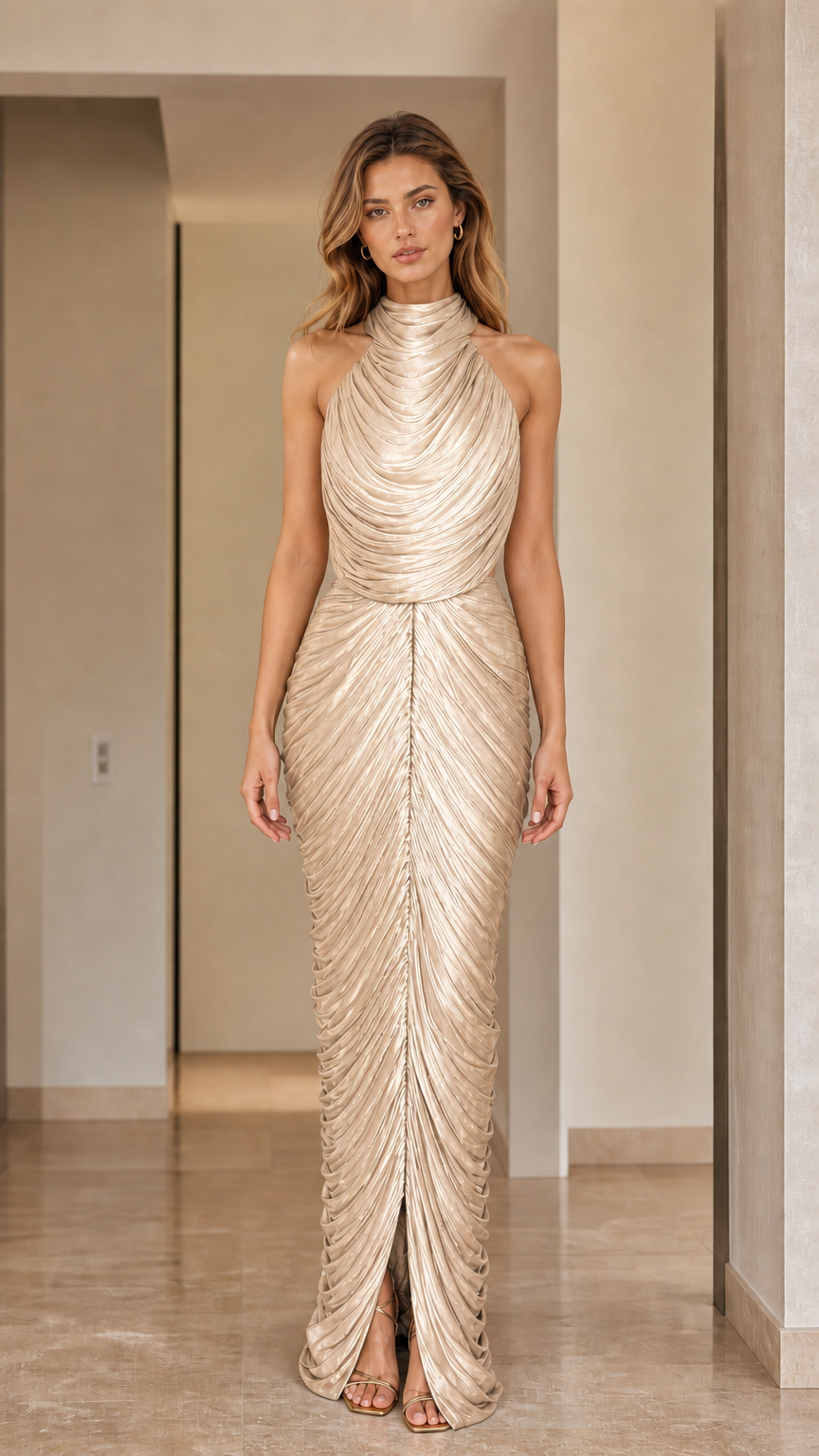 Front view of high neck pleated shimmer maxi dress in champagne gold