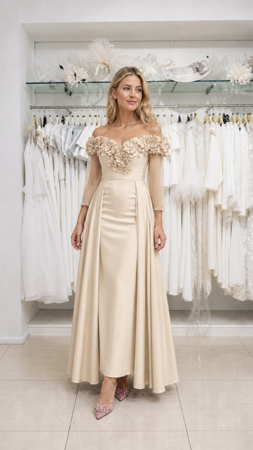 Model wearing champagne evening dress