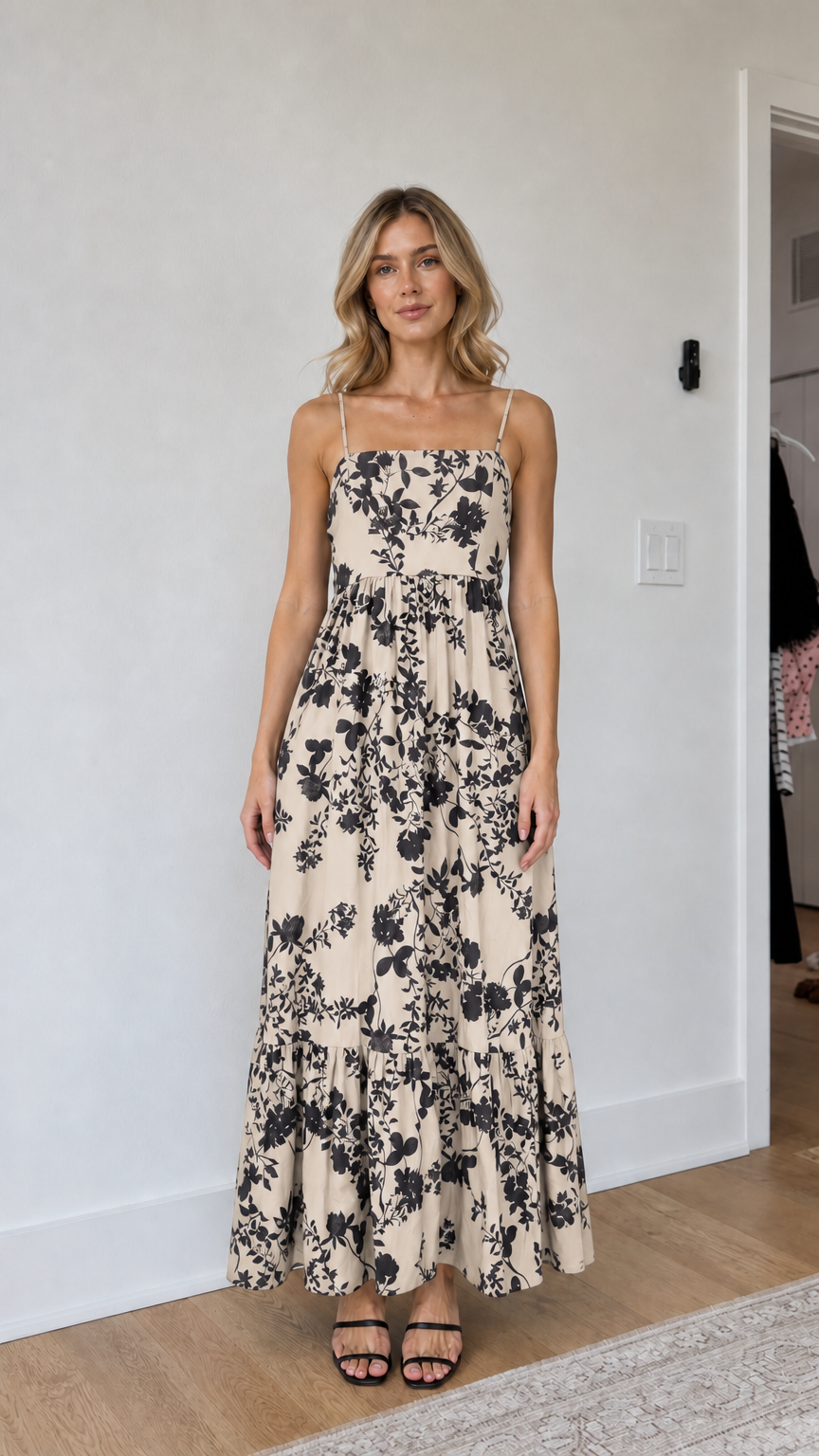 Model wearing beige floral maxi dress