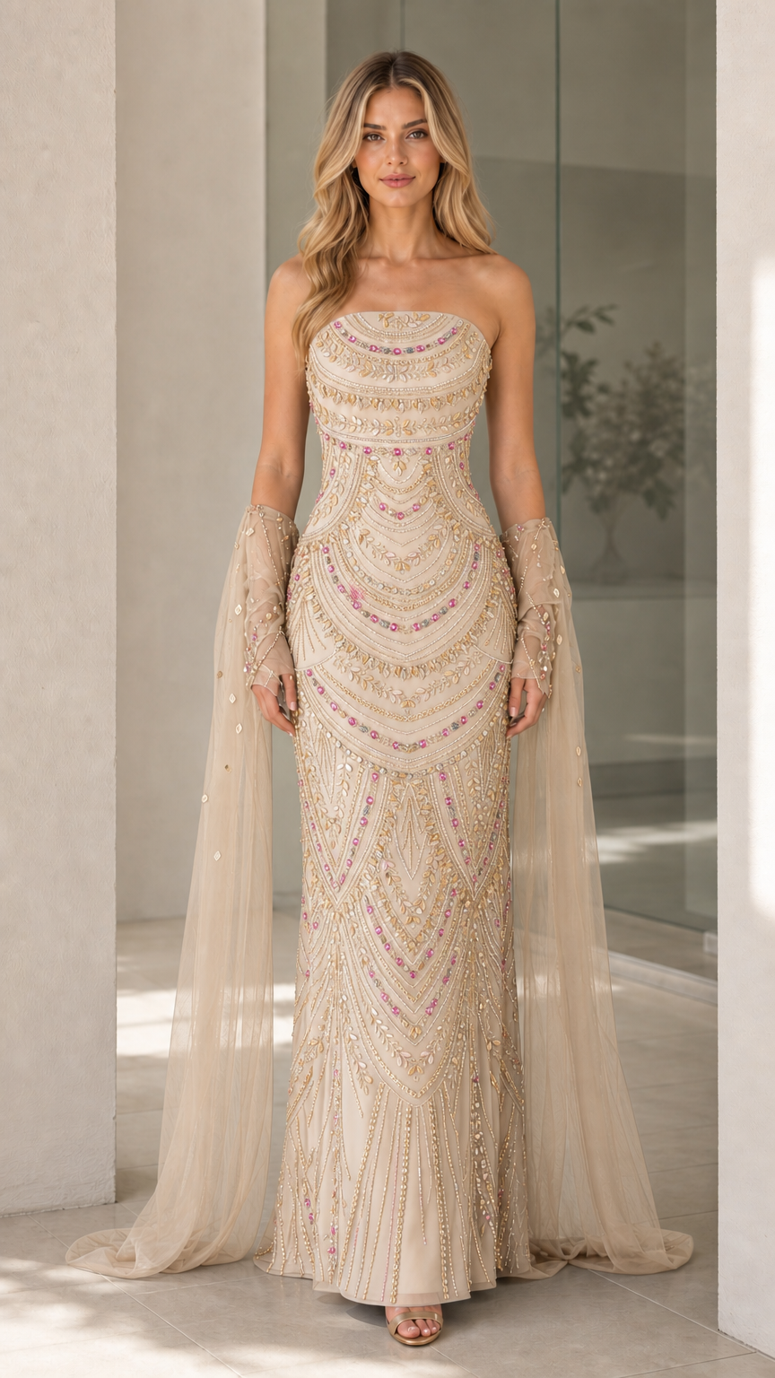 Champagne color variant of beaded strapless evening gown