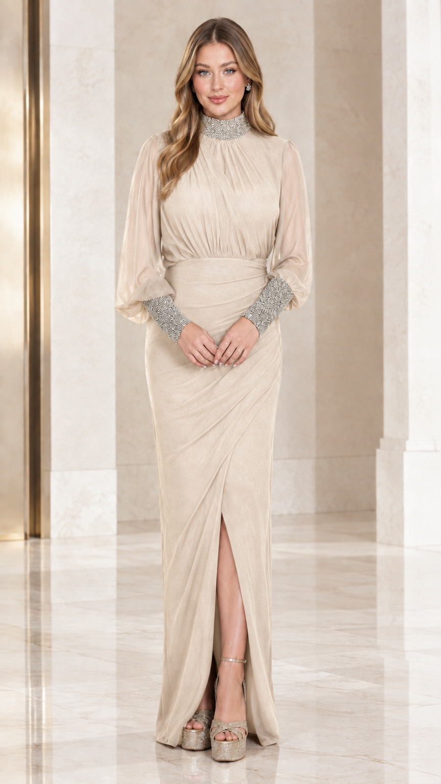 Champagne beige long sleeve beaded mock neck formal maxi dress