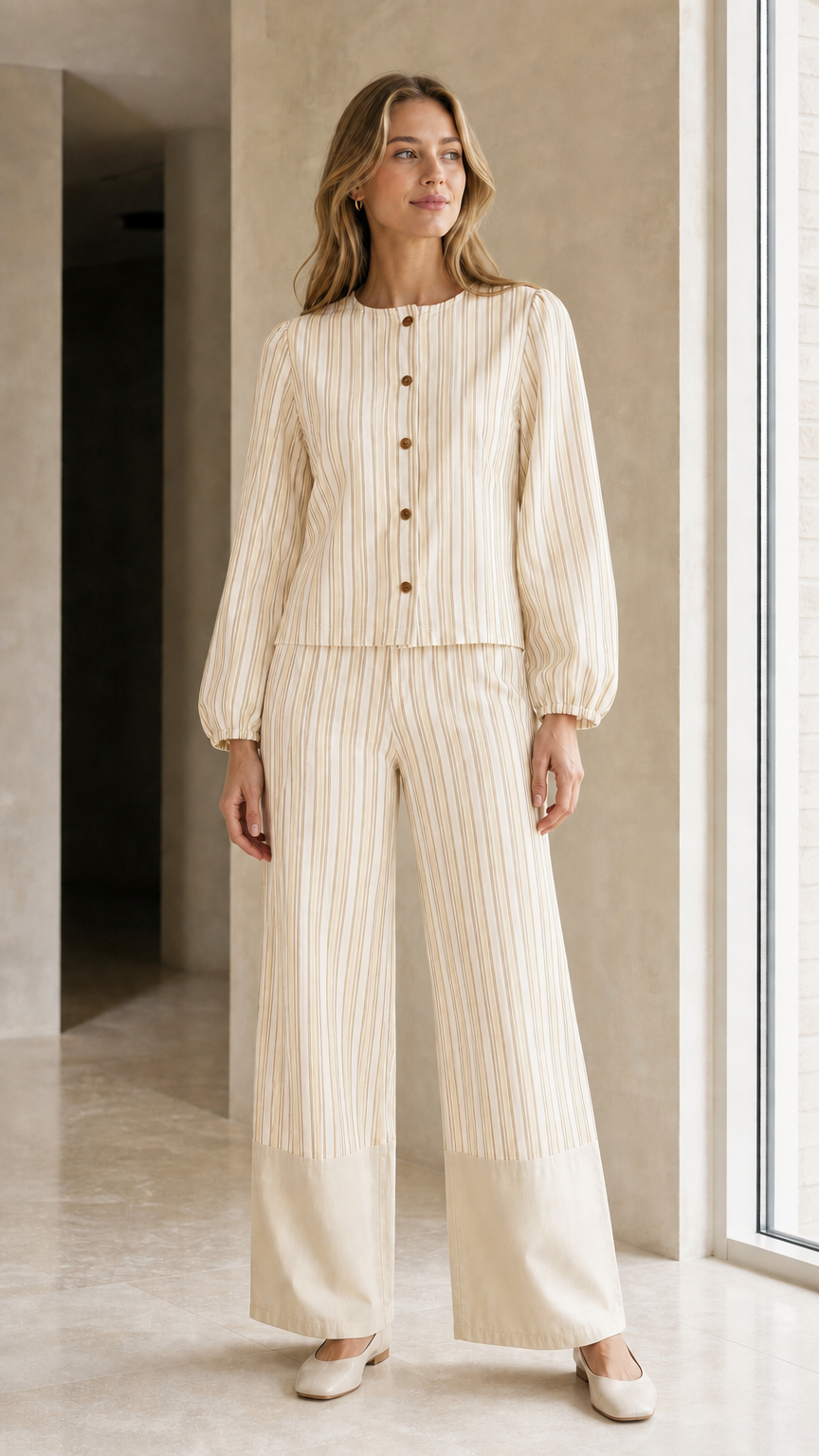 Woman wearing cream striped matching set