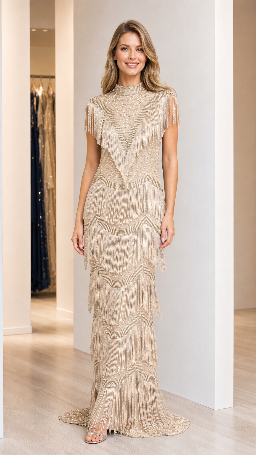 Model wearing champagne gold beaded fringe formal maxi dress