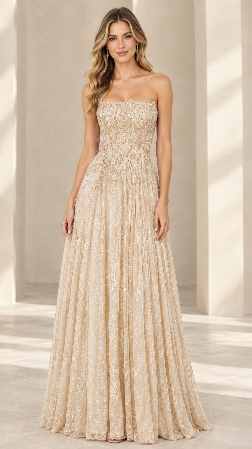 Champagne gold strapless sequin A-line gala gown