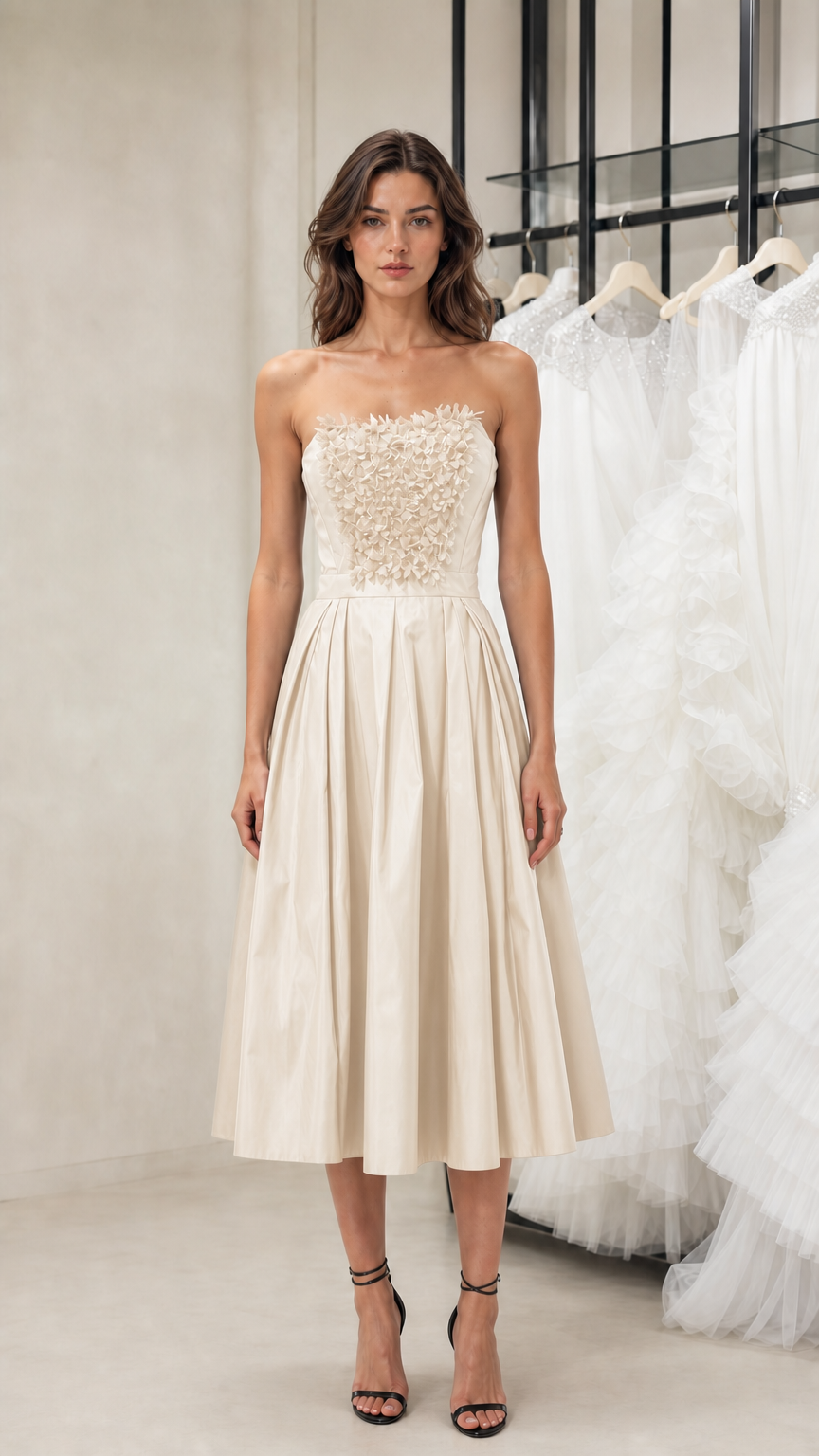 Front view of model wearing champagne strapless midi dress