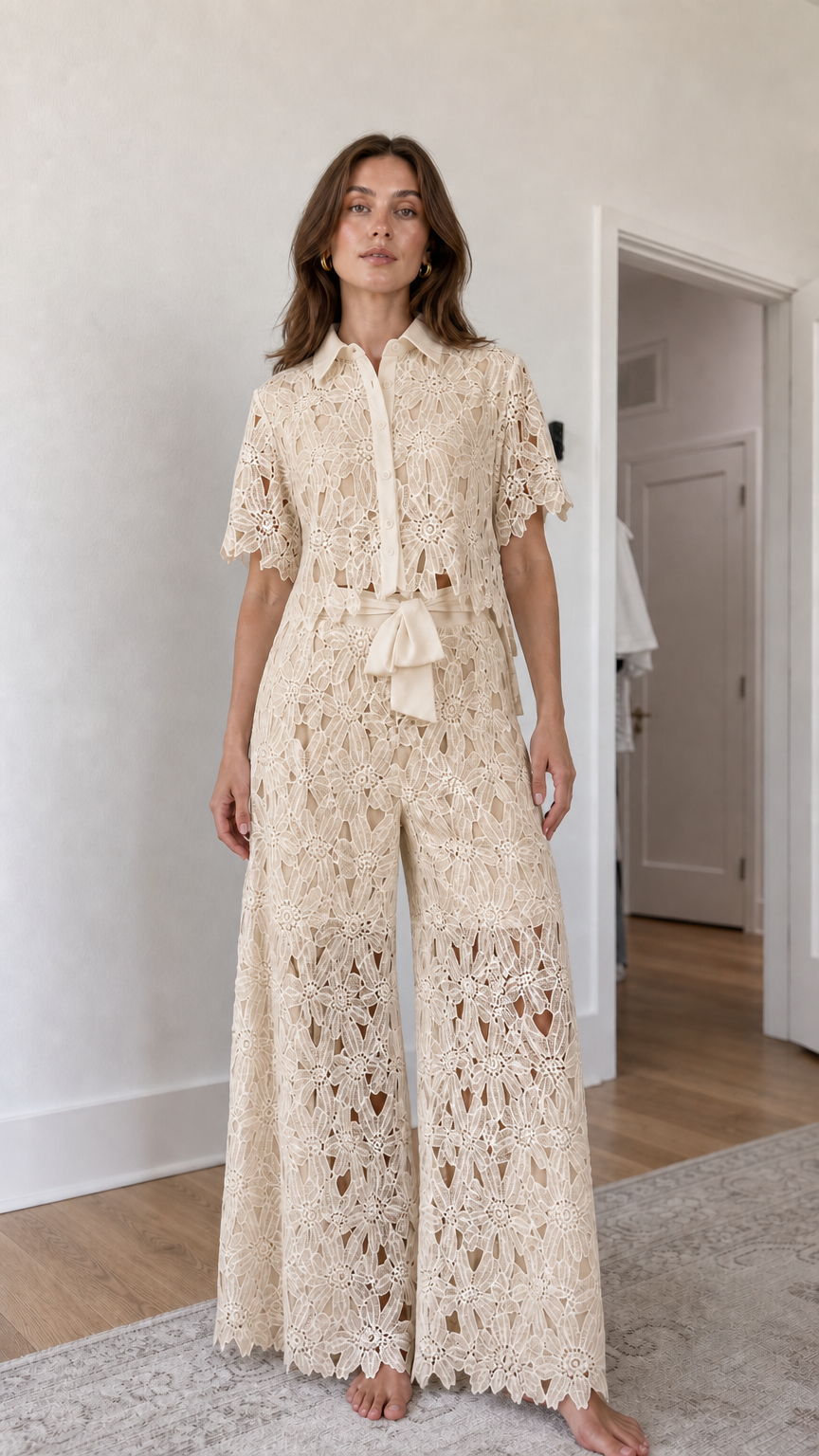Woman wearing champagne floral lace shirt and wide-leg pants set