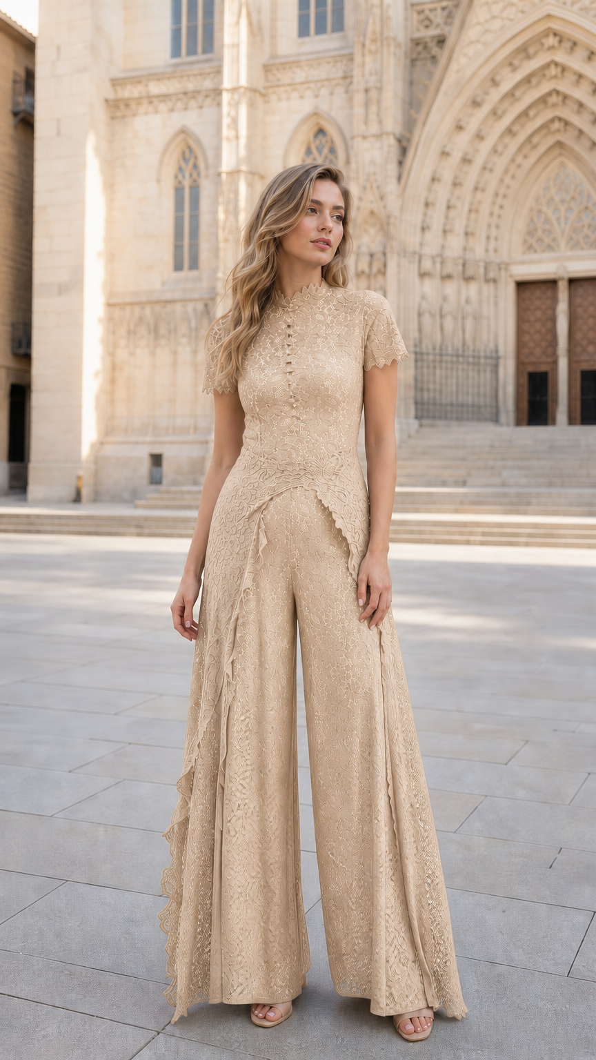 Front view of woman wearing Champagne floral lace wide-leg jumpsuit