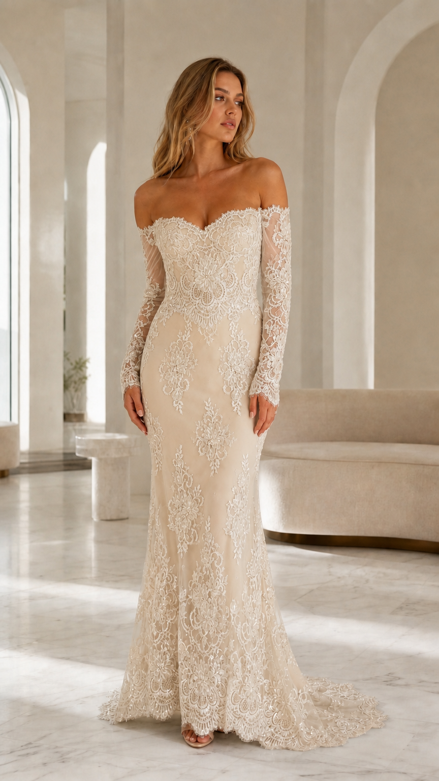 Model wearing champagne off-the-shoulder lace evening gown