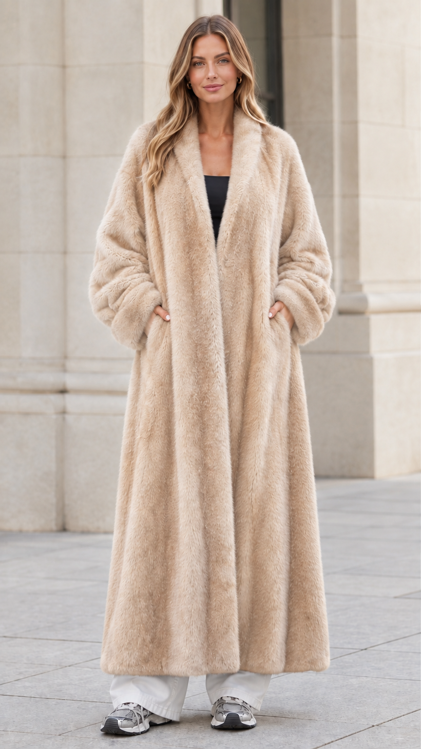 Front view of woman wearing champagne beige longline faux fur maxi coat