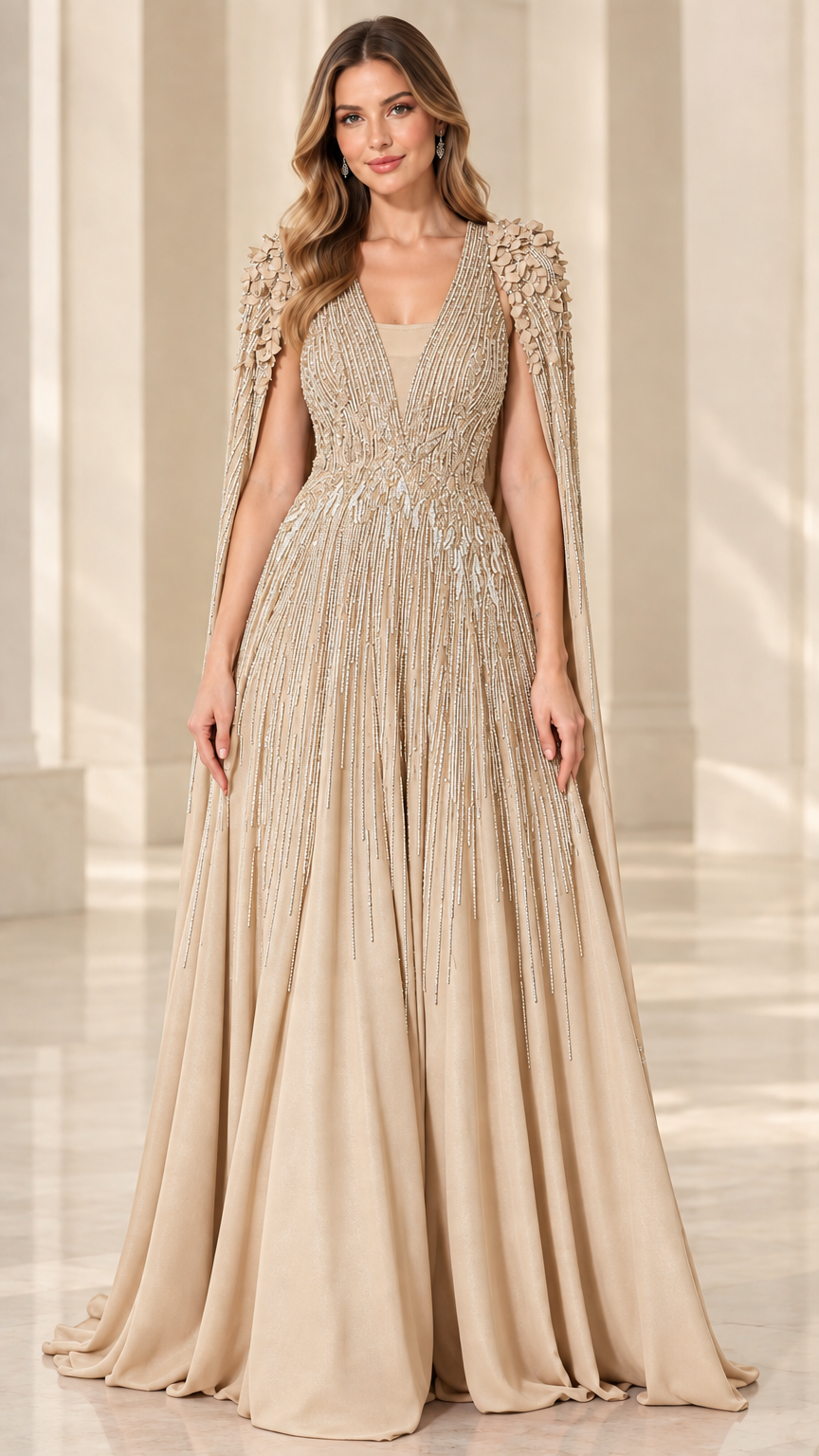 Champagne gold embellished cape sleeve evening gown