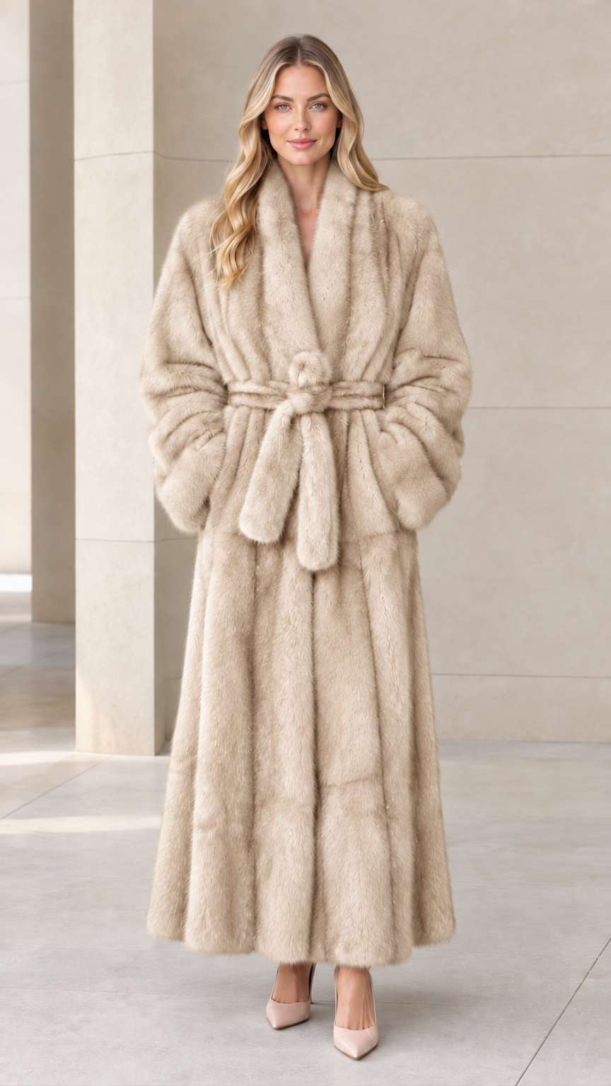 Front view of woman wearing champagne cream long faux fur coat