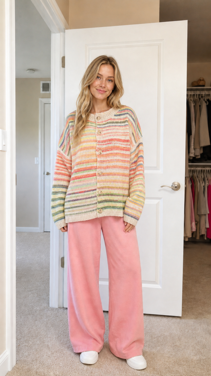 Front view of cream-based striped cardigan variant