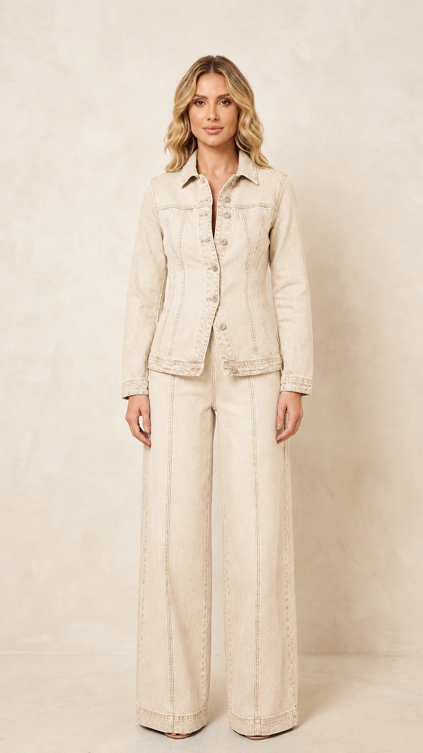 Front view of the women's cream denim-style jacket and wide-leg pants set