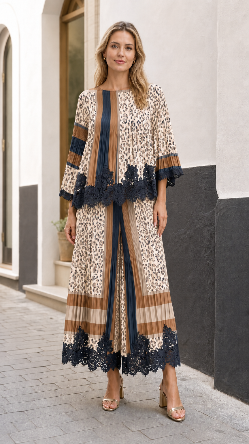 Full front view of model wearing the beige tan and navy pleated leopard two-piece set