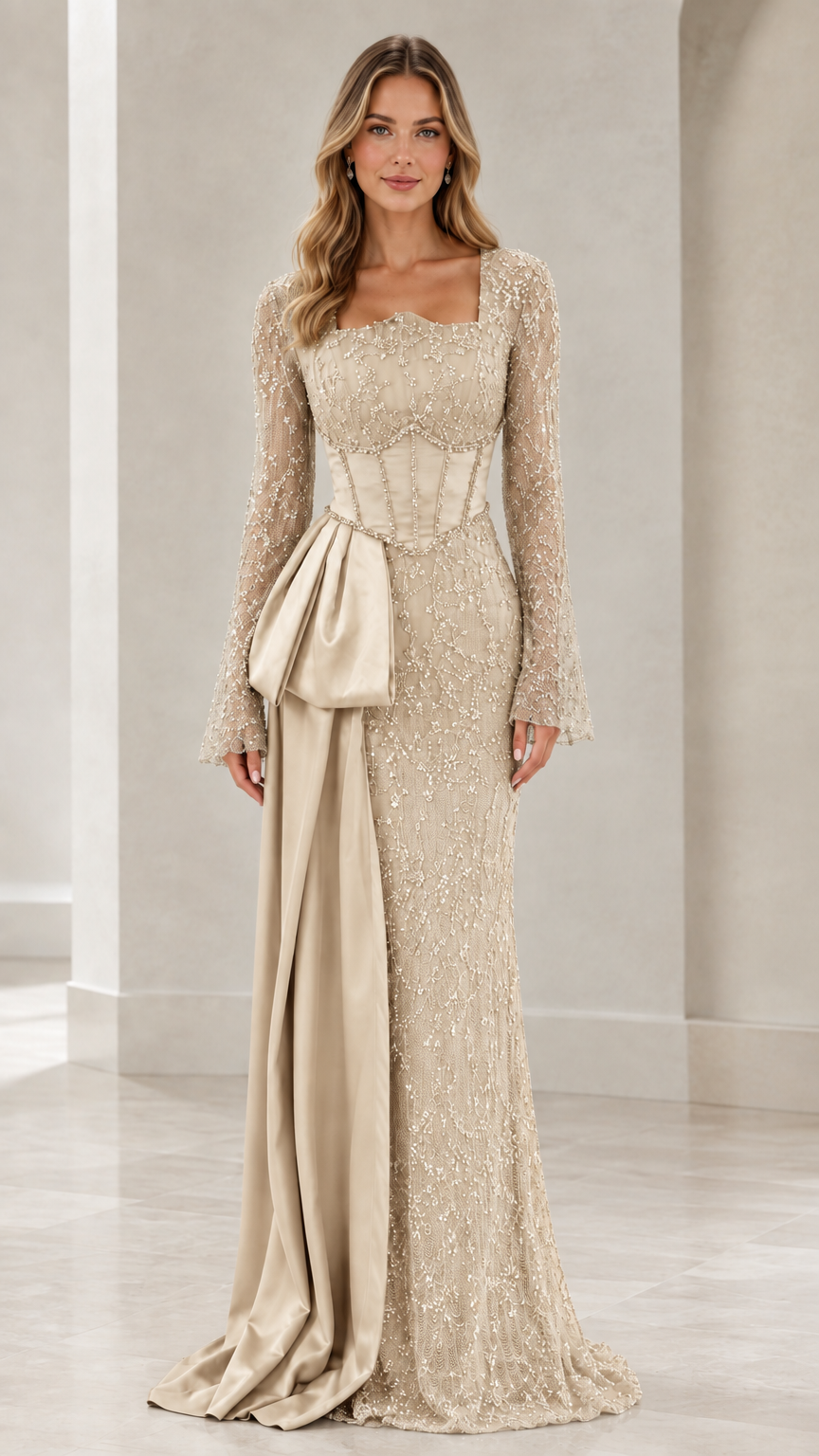 Champagne gold embellished floor-length formal dress with satin sash