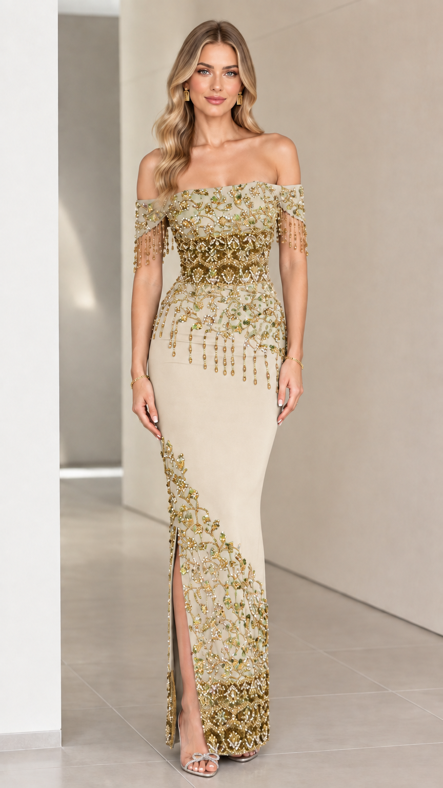 Champagne beige off-the-shoulder embellished formal evening maxi dress