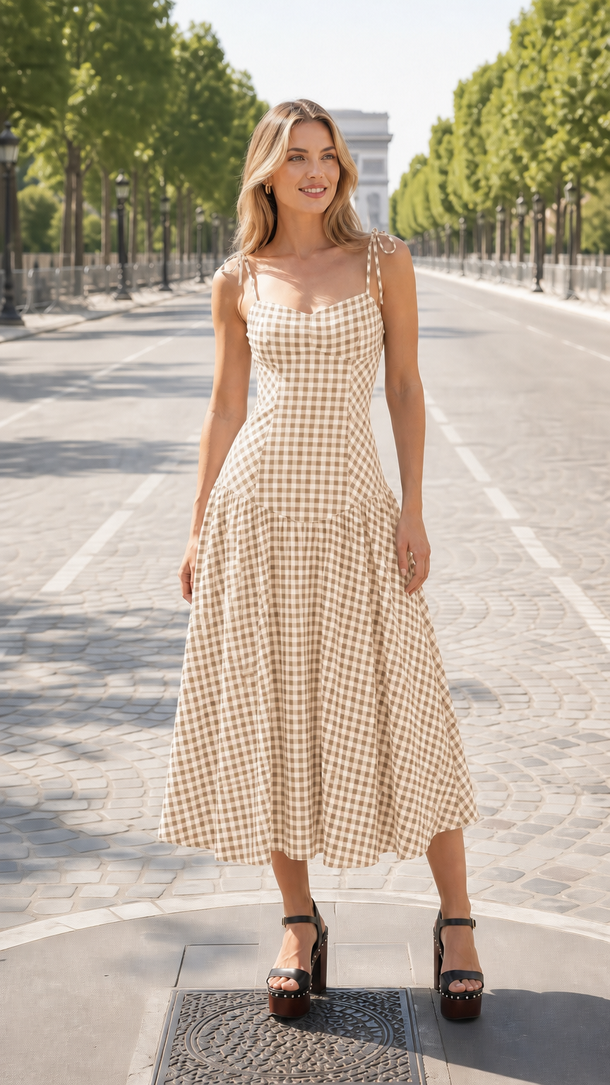 Beige and white gingham midi dress variant on model