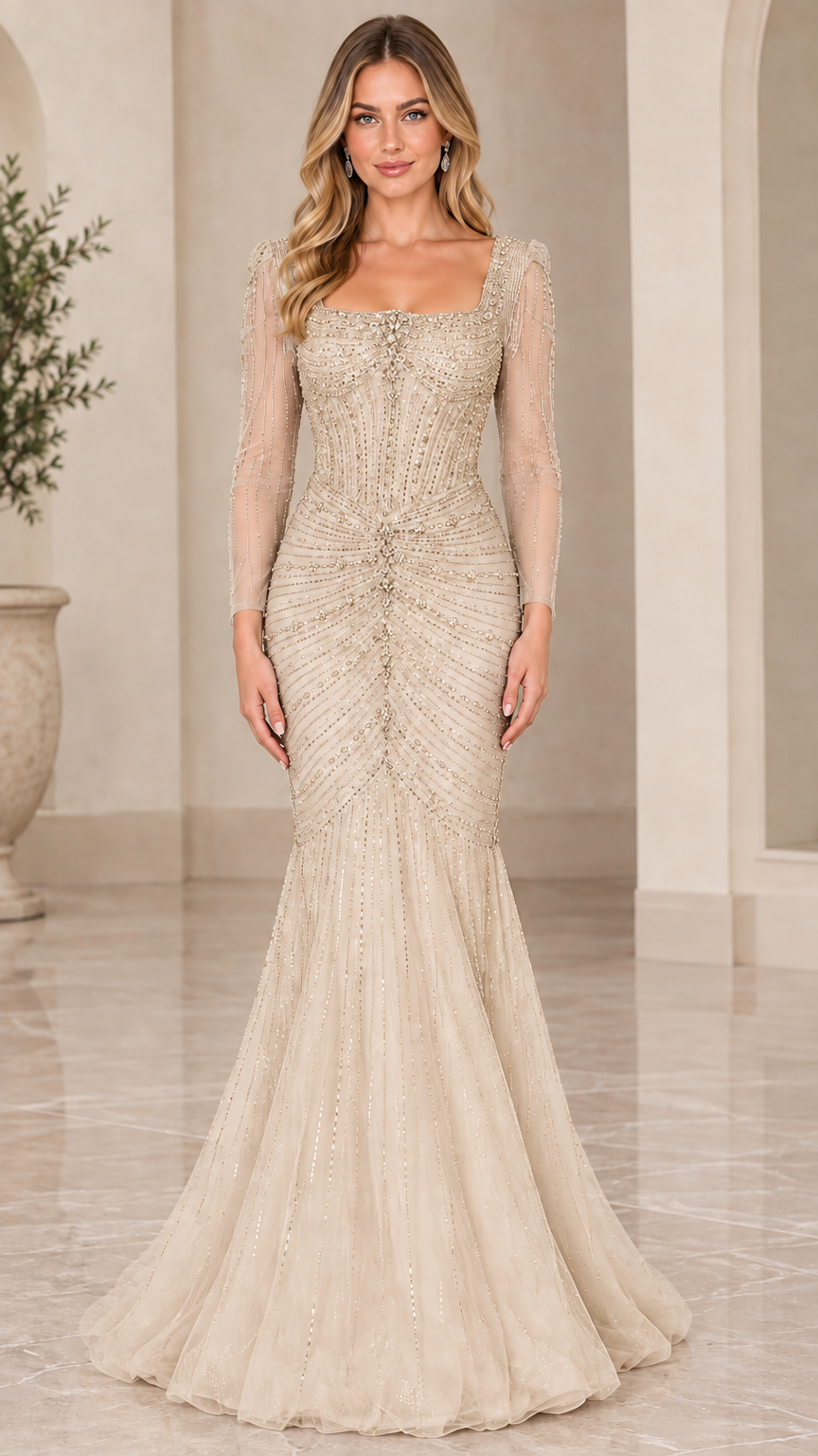 Champagne gold long sleeve beaded mermaid evening gown