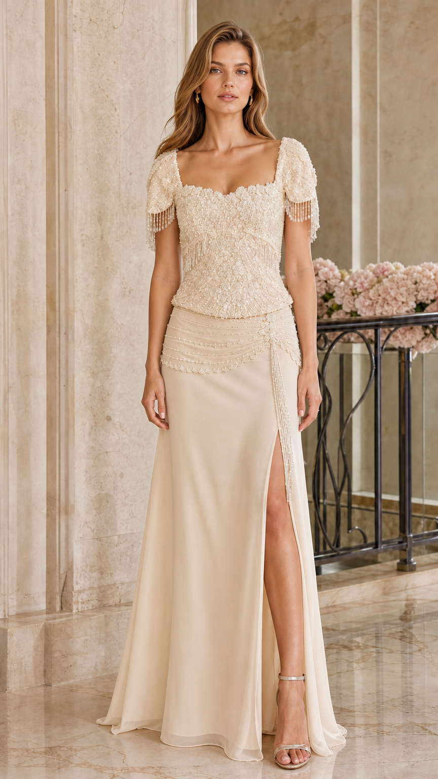 Full-length view of champagne beige embellished formal dress