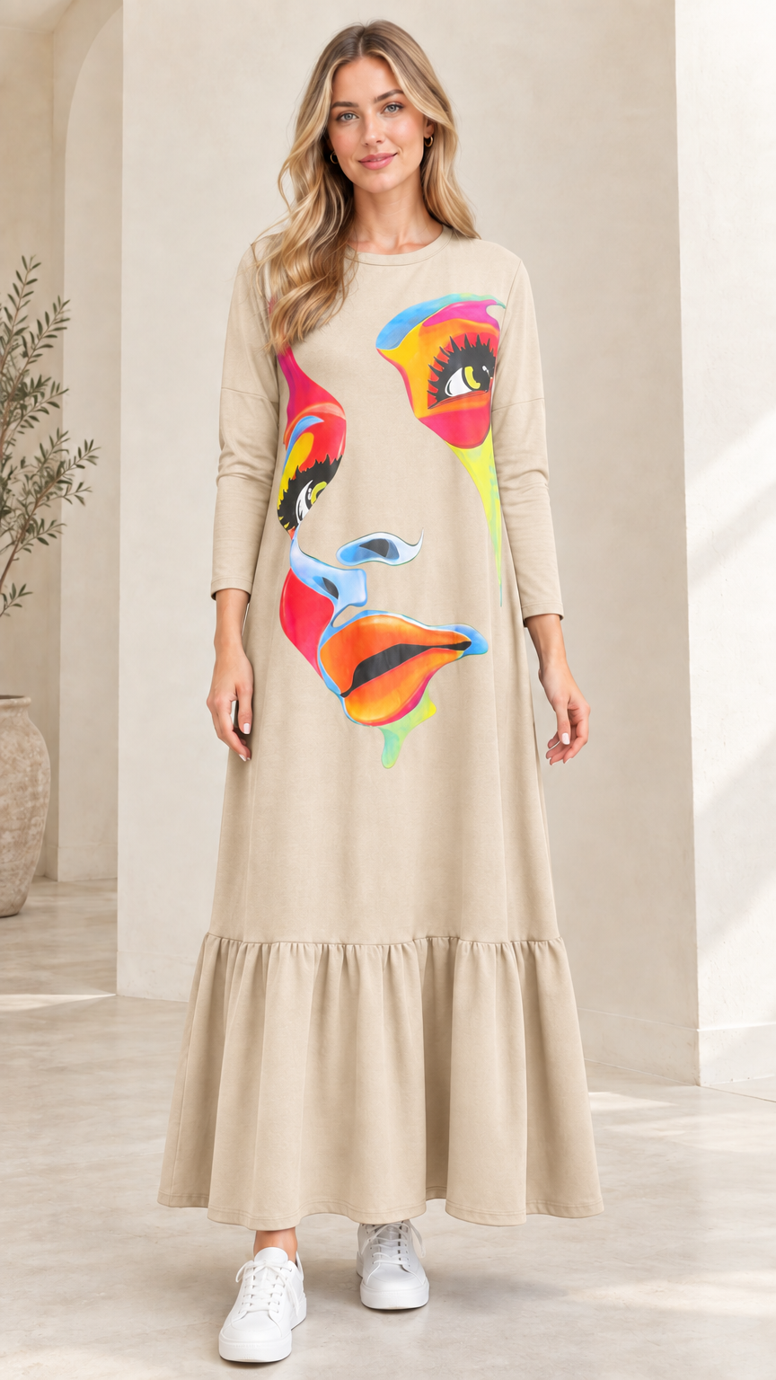 Full-length view of woman wearing Beige abstract graphic print tiered maxi dress