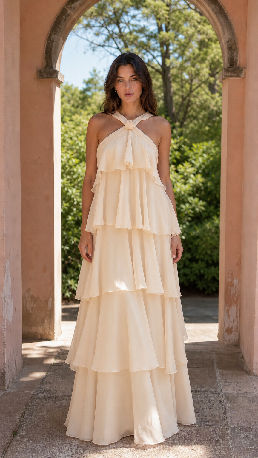 Model wearing champagne cream tiered maxi dress