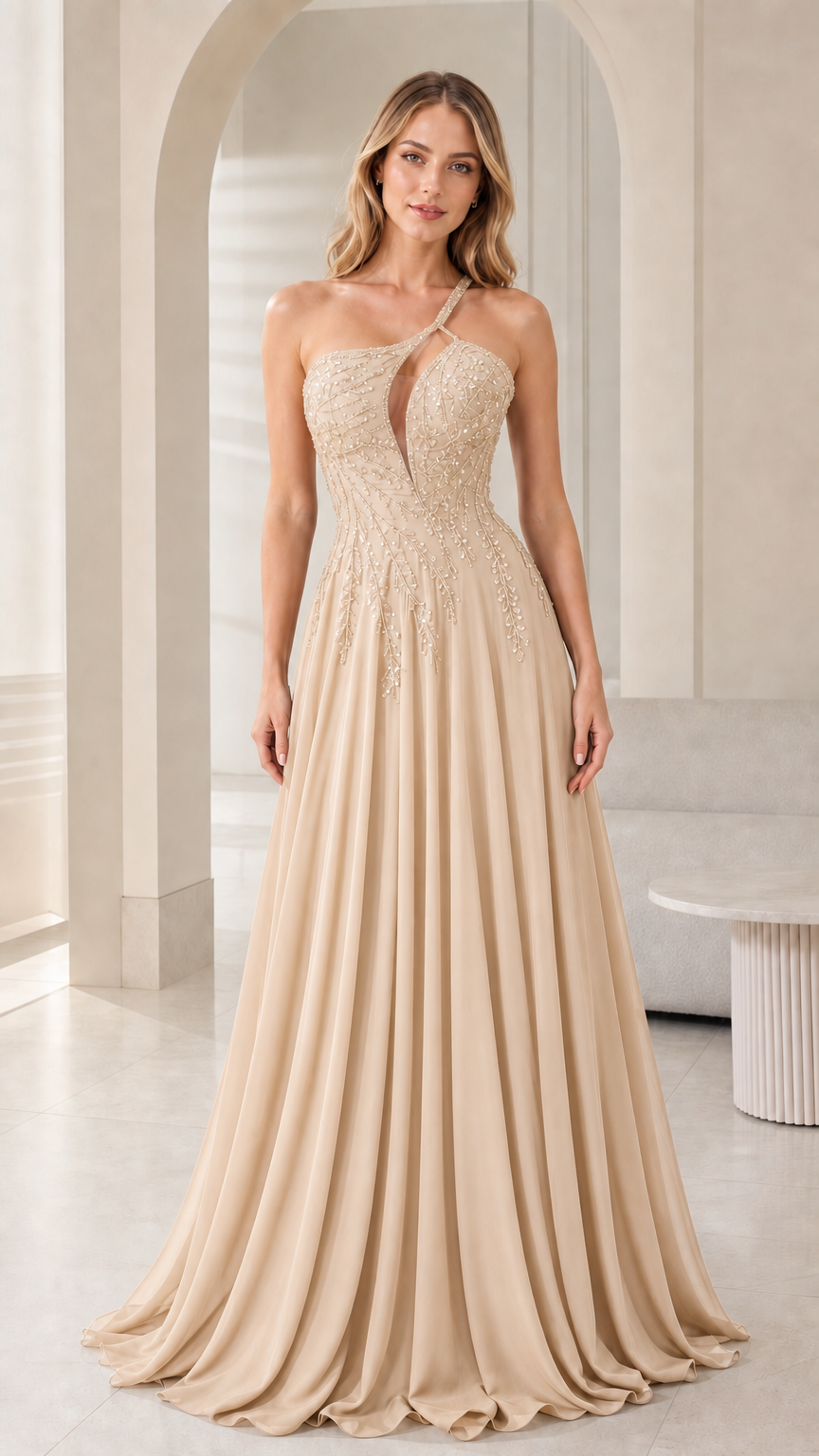 Front view of woman wearing champagne gold one-shoulder chiffon formal dress