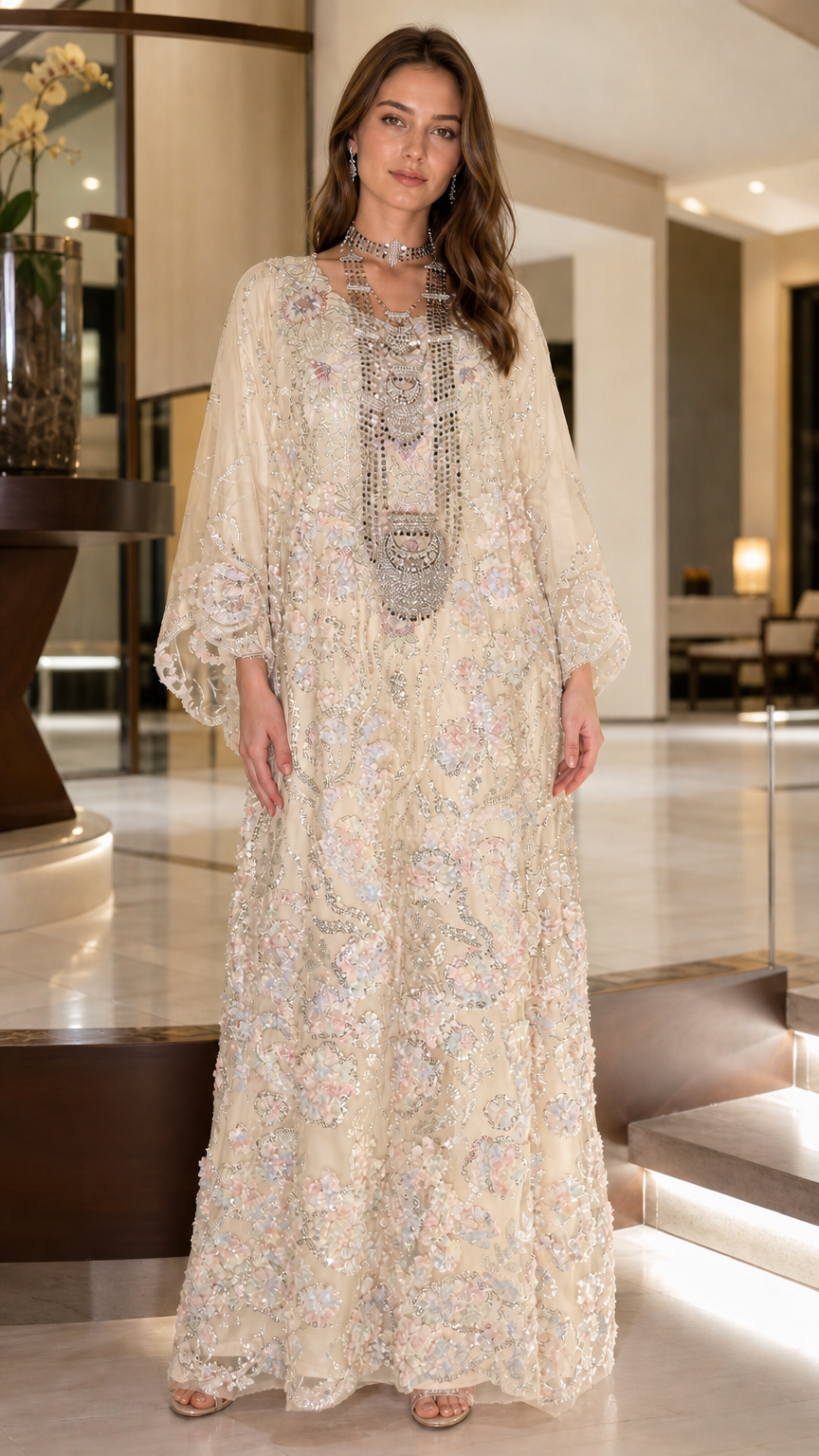 Full front view of champagne cream floral sequin embroidered kaftan maxi dress