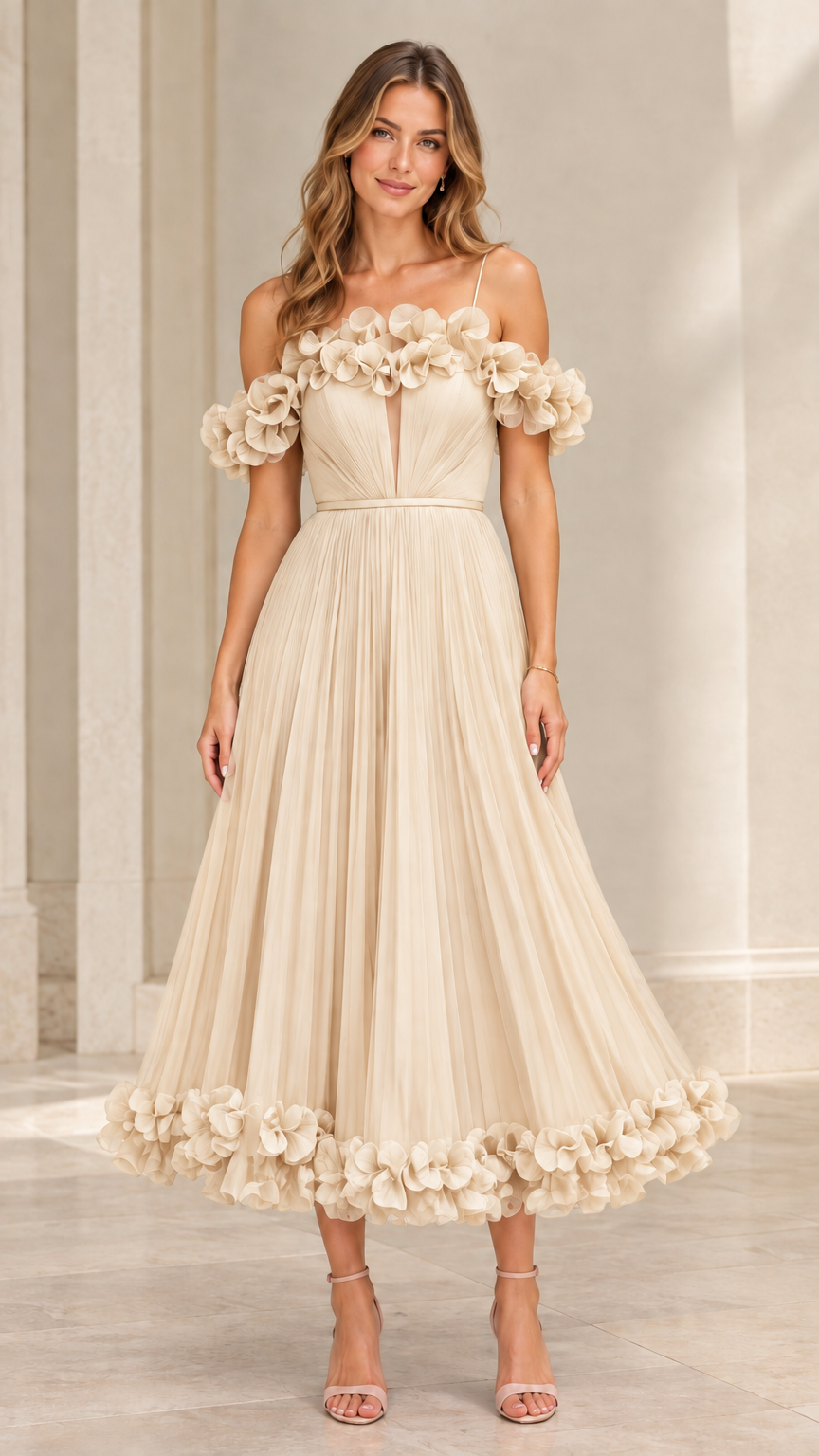 Full-length view of champagne beige 3D floral applique pleated tea-length gown