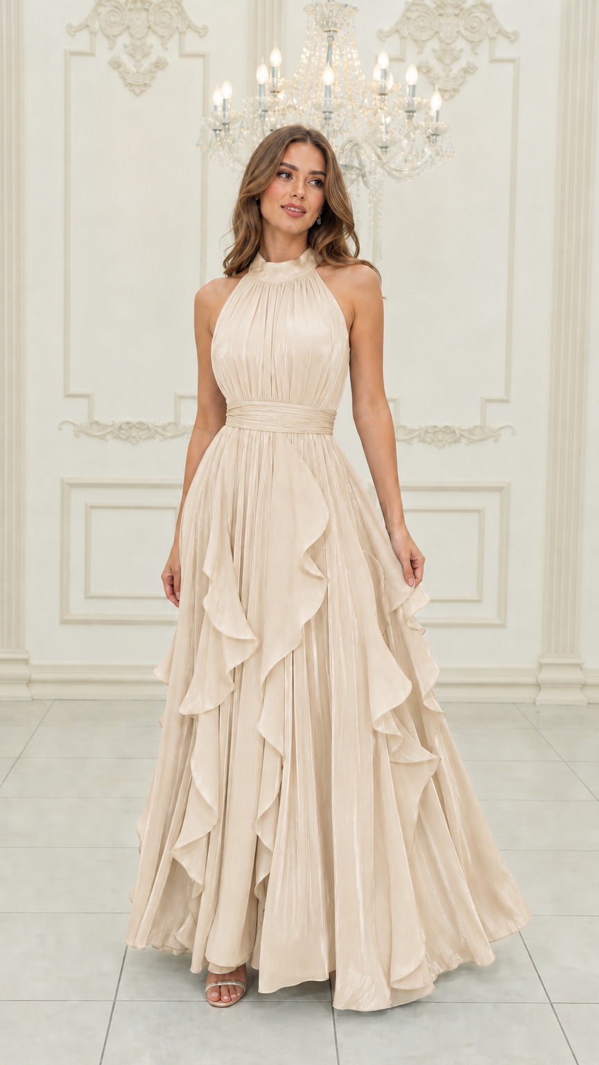 Champagne beige pleated halter neck cascading ruffle formal dress
