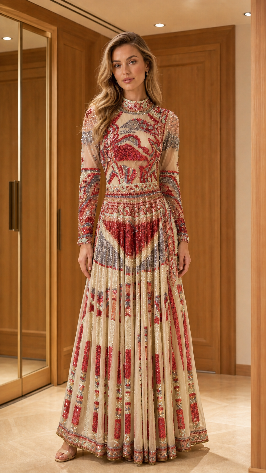 Champagne embellished long sleeve evening gown