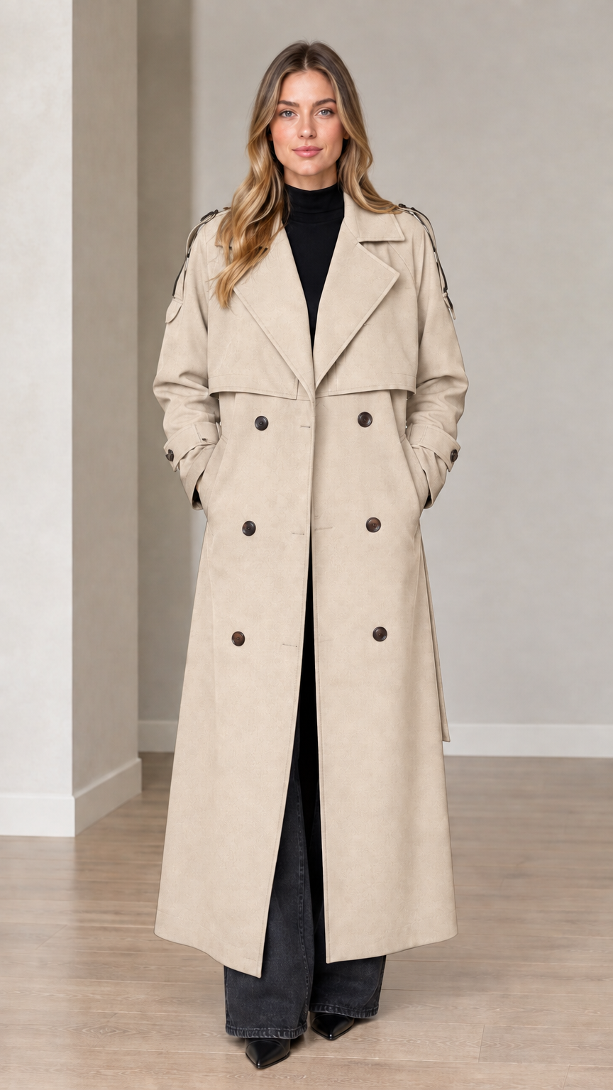 Front view of woman wearing beige double-breasted long trench coat