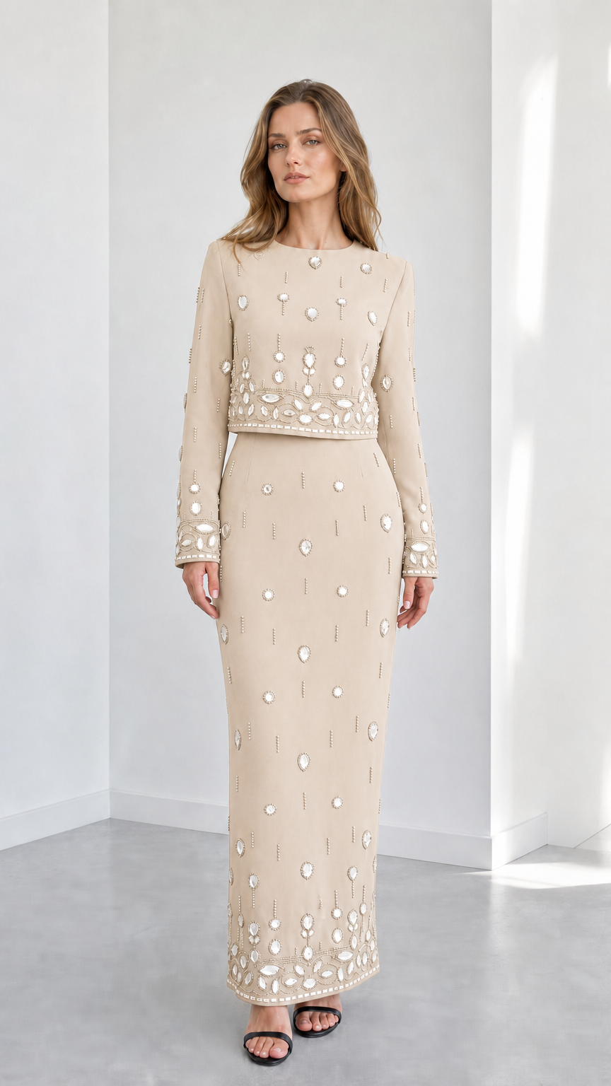 Champagne beige crystal embellished formal two-piece evening maxi set